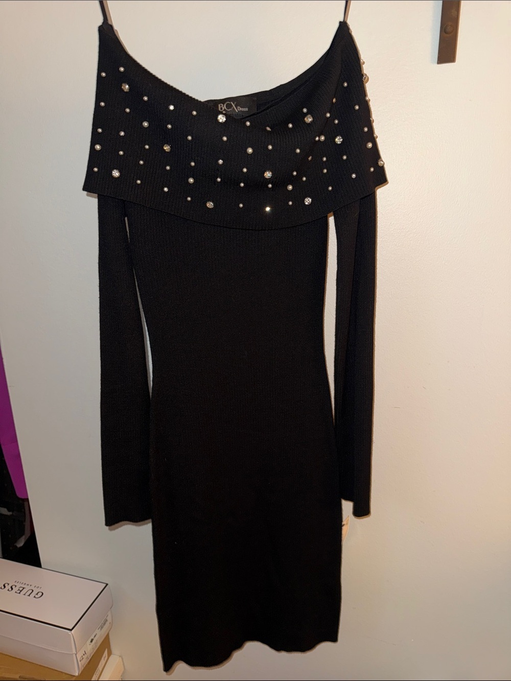 BCX Black One-Shoulder Studded Knit Dress
